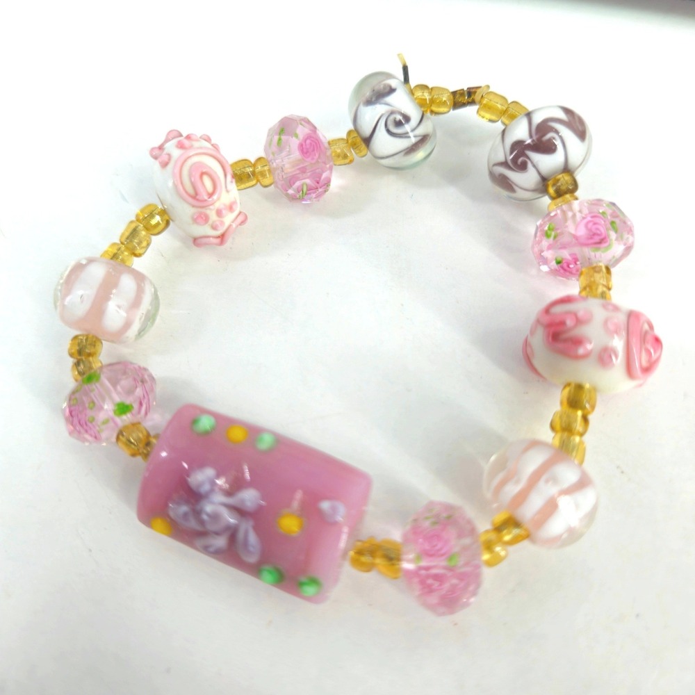 Vintage Pink White Lampwork Venetian Glass Floral Beaded Stretch Bracelet Murano